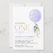 紫色のバルーン、緑、葉、最初の誕生日 招待状 (正面)