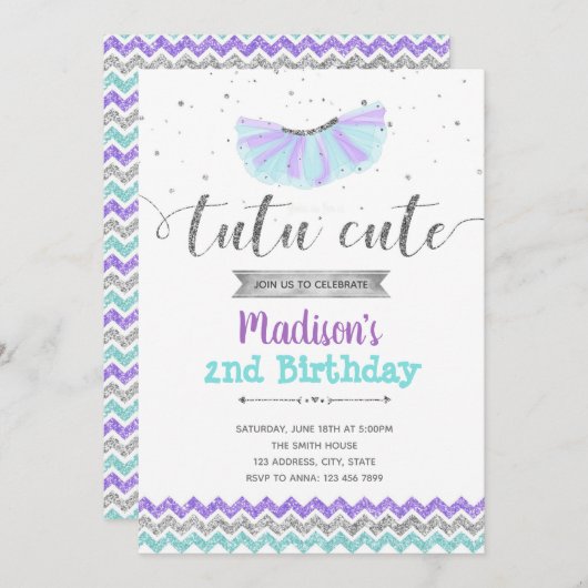 紫色のバレリーナの誕生日の招待 招待状 (正面/裏面)