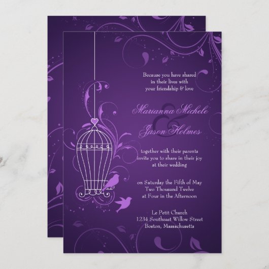 紫色のバードケージウェディング招待RSVP & Info 招待状 (正面/裏面)