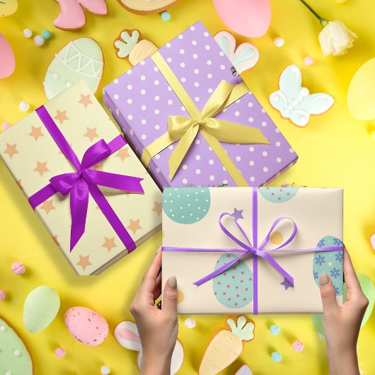 紫色のパステル色のイースターエッグ3セット ラッピングペーパーシート