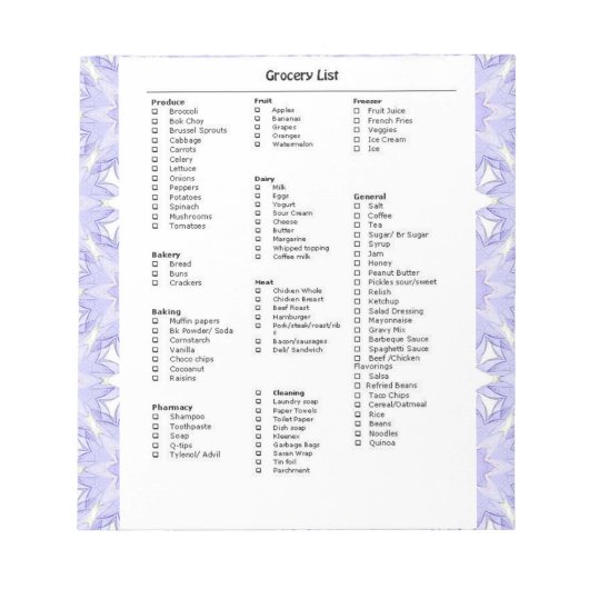 紫色のパターン付き食料品リストのリマインダー ノートパッド (正面)