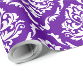 紫色のパッカーグラウンド上のホワイトダマスクパターン ラッピングペーパー (ロールコーナー)