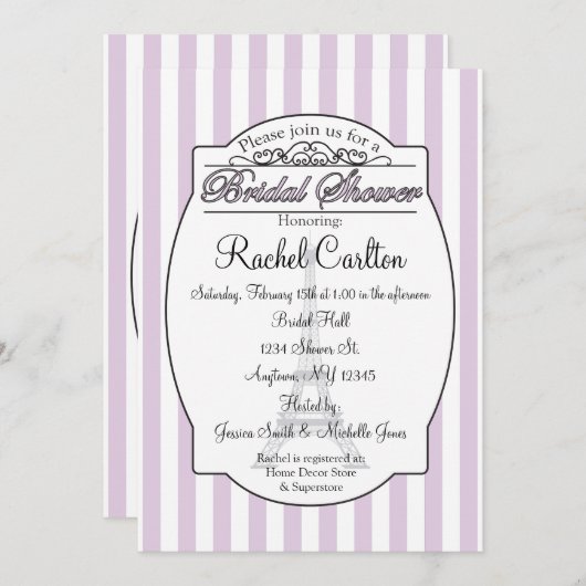 紫色のパリのブライダルシャワーの招待状 招待状 (正面/裏面)