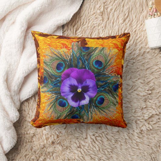 紫色のパンジーの緑の孔雀の金ゴールドの芸術 クッション (ブランケット)