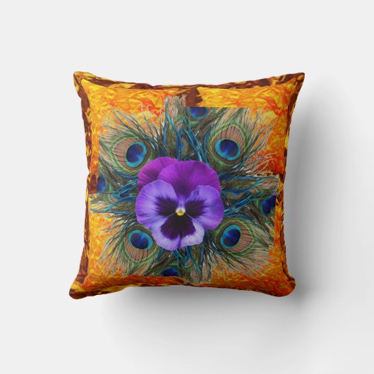 紫色のパンジーの緑の孔雀の金ゴールドの芸術 クッション (裏面)