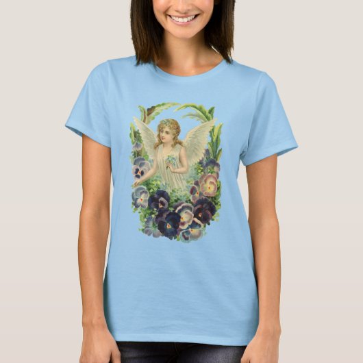 紫色のパンジーの花を持つヴィクトリア朝のイースターの天使 Tシャツ (正面)