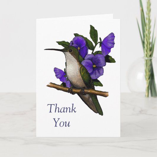 紫色のパンジーを持つハチドリ: ありがとう: 芸術 サンキューカード (正面)