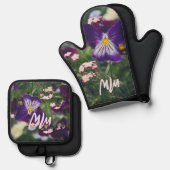 紫色のパンジー忘れとピンクのメノー 鍋つかみ&鍋敷きセット (正面/裏面)