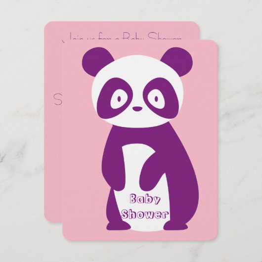 紫色のパンダのベビーシャワーの招待状カード 招待状 (正面/裏面)