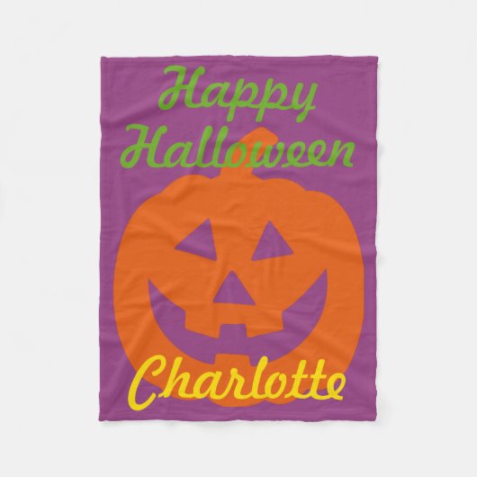 紫色のパーソナライズのハッピーハローウィンのカボチャ フリースブランケット (正面)