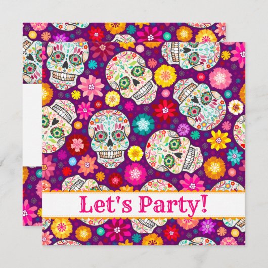 紫色のパーティーの招待のカラフルな砂糖のスカルのフェスタ 招待状 (正面/裏面)