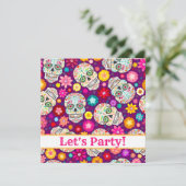 紫色のパーティーの招待のカラフルな砂糖のスカルのフェスタ 招待状 (スタンド正面)