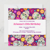 紫色のパーティーの招待のカラフルな砂糖のスカルのフェスタ 招待状 (裏面)