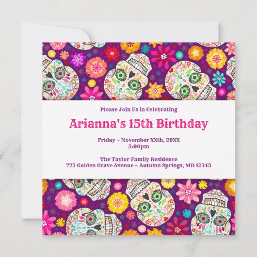 紫色のパーティーの招待のカラフルな砂糖のスカルのフェスタ 招待状 (裏面)