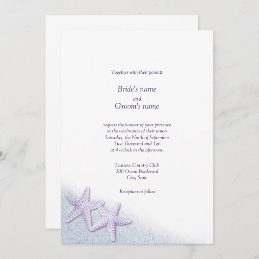 紫色のヒトデのビーチ結婚式の招待状 招待状 (正面/裏面)