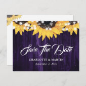 紫色のヒマワリの木のライトウェディング日付を保存 案内ポストカード (正面/裏面)