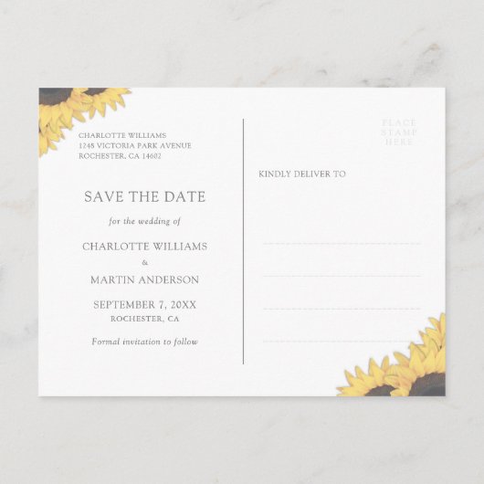 紫色のヒマワリの木のライトウェディング日付を保存 案内ポストカード (裏面)