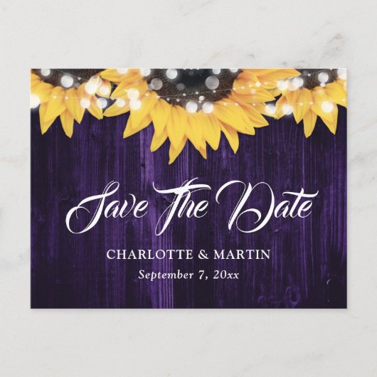 紫色のヒマワリの木のライトウェディング日付を保存 案内ポストカード (正面)