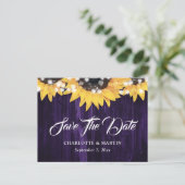 紫色のヒマワリの木のライトウェディング日付を保存 案内ポストカード (スタンド正面)