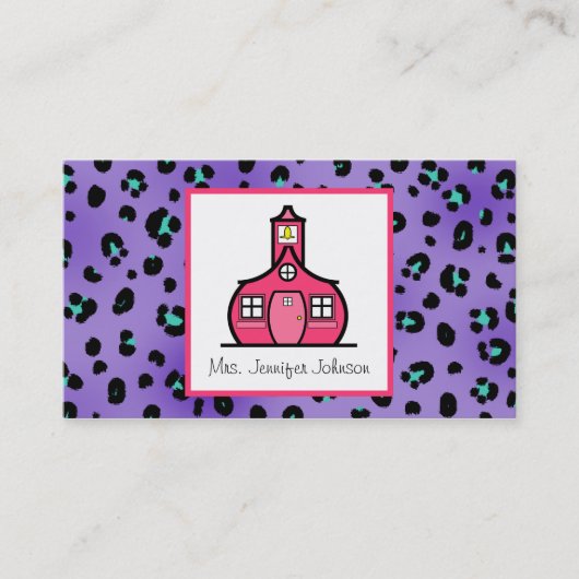 紫色のヒョウのプリントのピンクの校舎の先生 名刺 (正面)