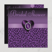 紫色のヒョウのプリント及びきらきら光るなハートのブライダルシャワー 招待状 (正面/裏面)