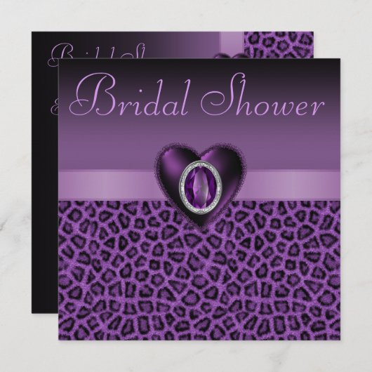 紫色のヒョウのプリント及びきらきら光るなハートのブライダルシャワー 招待状 (正面/裏面)