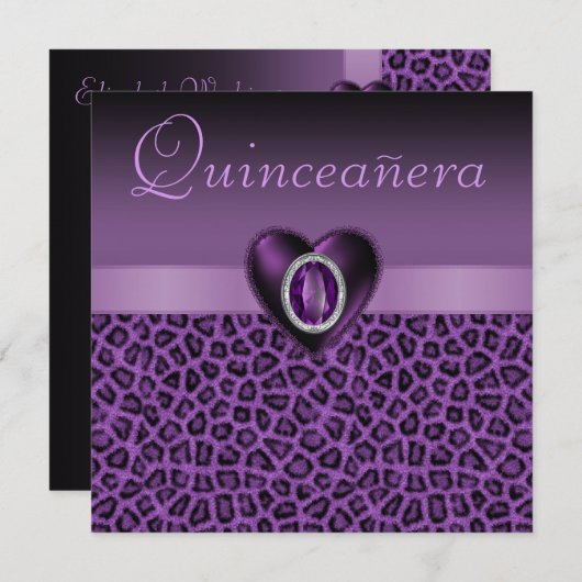 紫色のヒョウのプリント及びきらきら光るなハートキンセアニェラ 招待状 (正面/裏面)