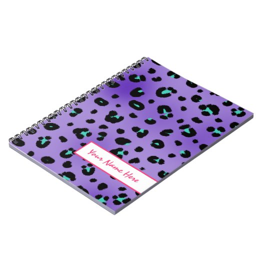 紫色のヒョウの螺線形のパーソナライズなノート ノートブック (左側)