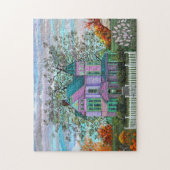 紫色のビクトリアンな家のカボチャワゴン秋の木 ジグソーパズル (縦)