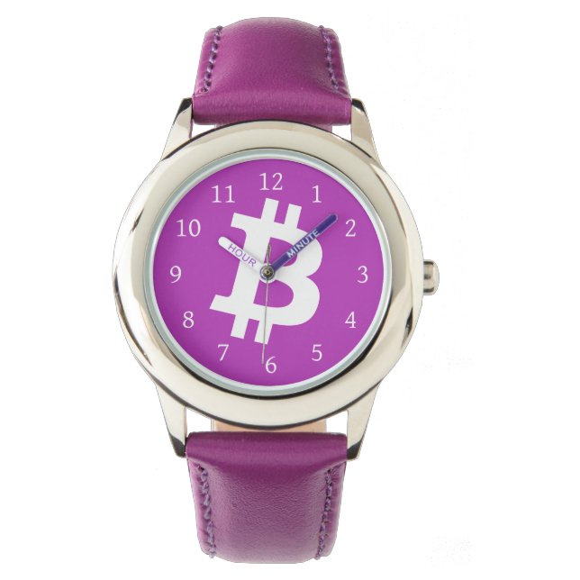 紫色のビットコインのロゴシンボル暗号通貨ウォッチ 腕時計 (正面)
