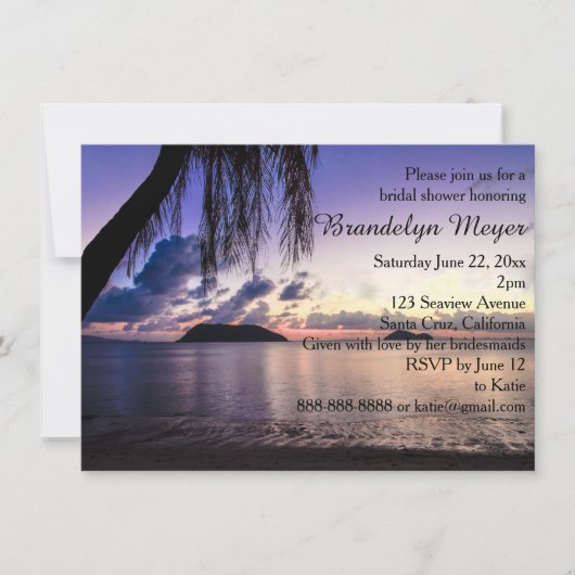 紫色のビーチの日没のブライダルシャワー招待状 招待状 (正面)
