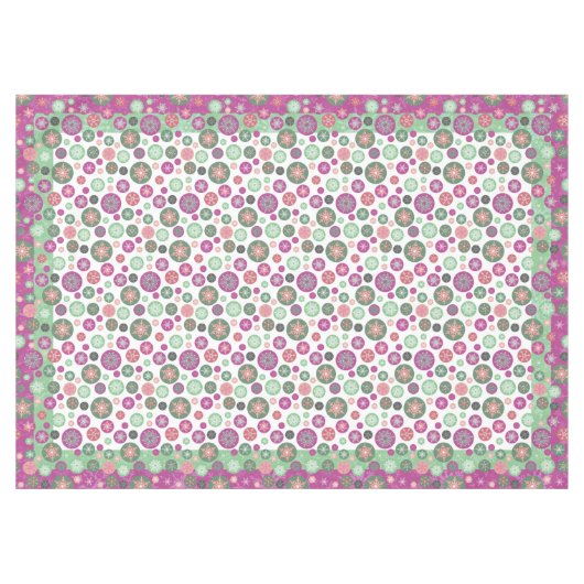 紫色のピンクおよび緑の冬の雪片の休日 テーブルクロス (正面(横))