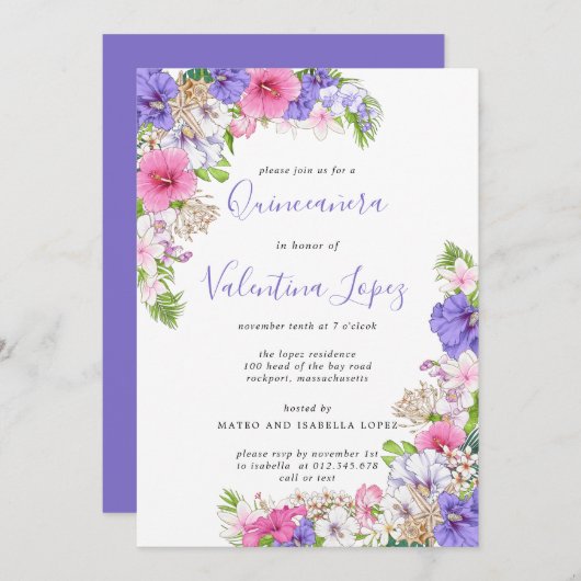 紫色のピンクかわいらしの熱帯キンセアニェラの招待 招待状 (正面/裏面)