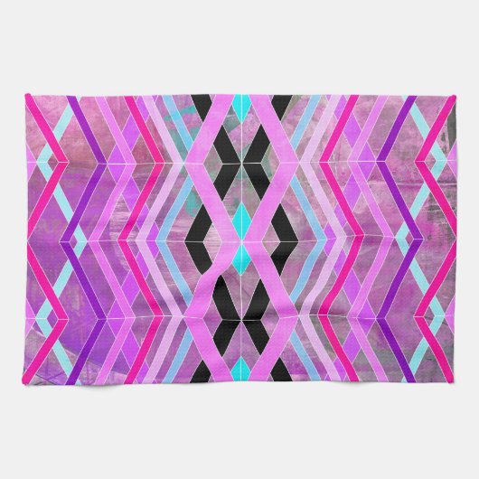 紫色のピンクとアクアジオメトリッククロッシングのストライプ キッチンタオル (横)