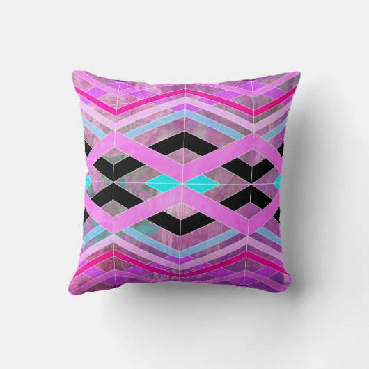 紫色のピンクとアクアジオメトリッククロッシングのストライプ クッション (裏面)