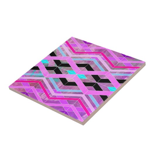紫色のピンクとアクアジオメトリッククロッシングのストライプ タイル (側面)