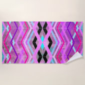 紫色のピンクとアクアジオメトリッククロッシングのストライプ ビーチタオル (正面)