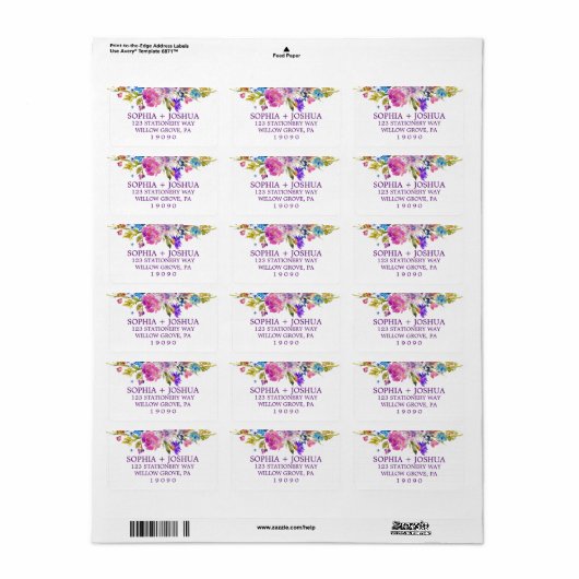 紫色のピンクと青の水色の花結婚の ラベル (フルシート)