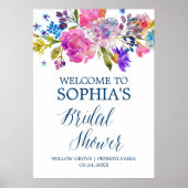紫色のピンクと青の花のブライダルシャワーへようこそ ポスター (正面)