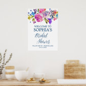 紫色のピンクと青の花のブライダルシャワーへようこそ ポスター (キッチン)