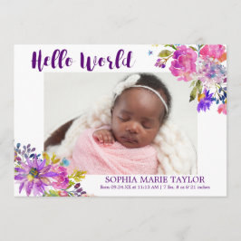 紫色のピンクと青の花写真誕生のお知らせ 案内状