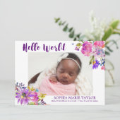 紫色のピンクと青の花写真誕生のお知らせ 案内状 (スタンド正面)