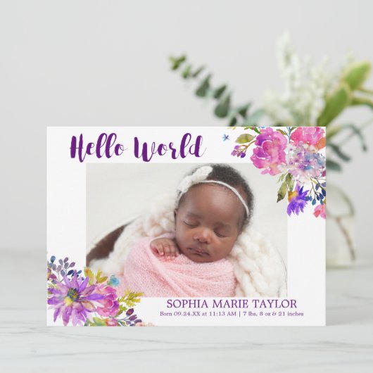 紫色のピンクと青の花写真誕生のお知らせ 案内状 (スタンド正面)