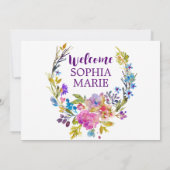 紫色のピンクと青の花写真誕生のお知らせ 案内状 (裏面)