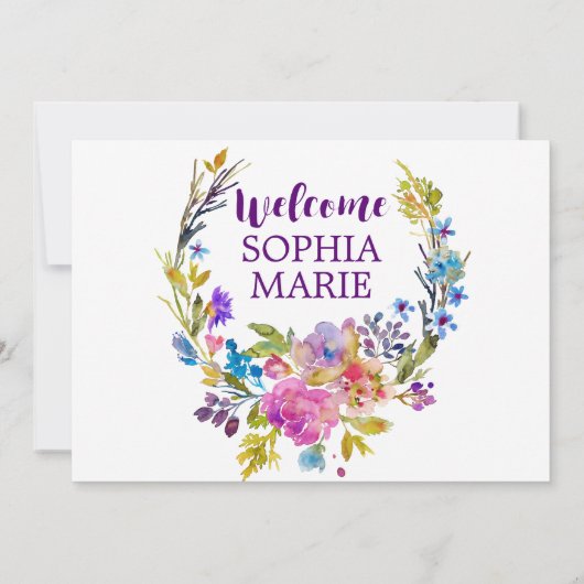 紫色のピンクと青の花写真誕生のお知らせ 案内状 (裏面)