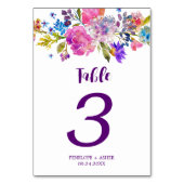 紫色のピンクと青の花結婚のテーブル番号 テーブルナンバー (裏面)
