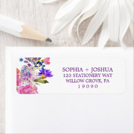 紫色のピンクと青の花結婚の差出人住所 ラベル
