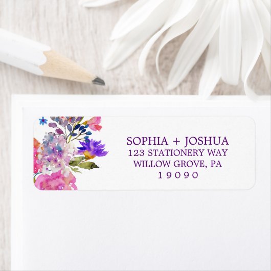 紫色のピンクと青の花結婚の差出人住所 ラベル (インサイチュ)