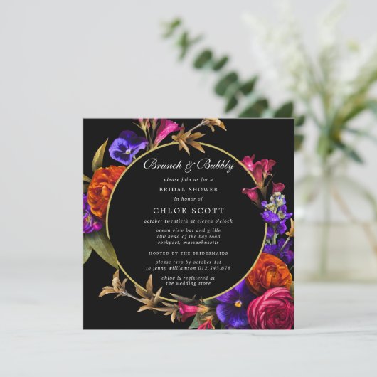 紫色のピンクのオレンジ色のフローラブランチと泡立つシャワー 招待状 (スタンド正面)