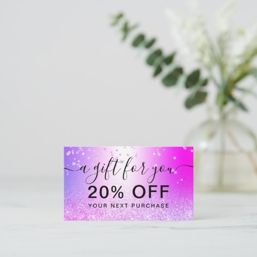 紫色のピンクのグリッターメタリックスパークル紙吹雪ギフト 割引カード (スタンド正面)